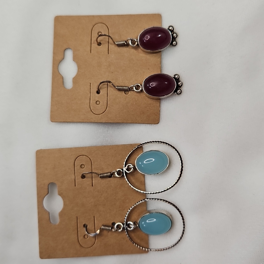 Lot of 2 Pairs Pierced Earrings Natural Stone Gemstones Silver Plated Dangle